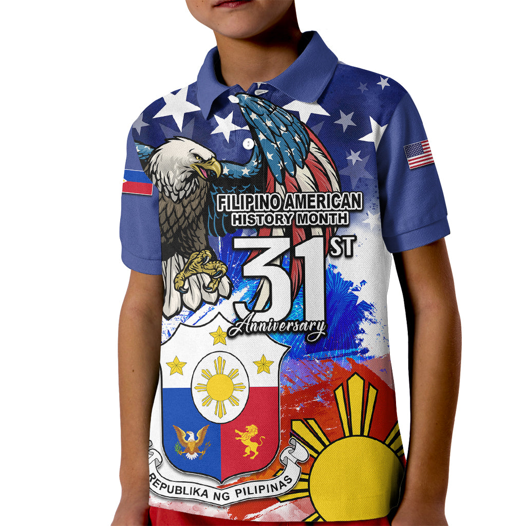 Filipino American History Month Kid Polo Shirt Filipino Coat Of Arms and American Eagle Splash Style LT03 Kid Blue - Polynesian Pride