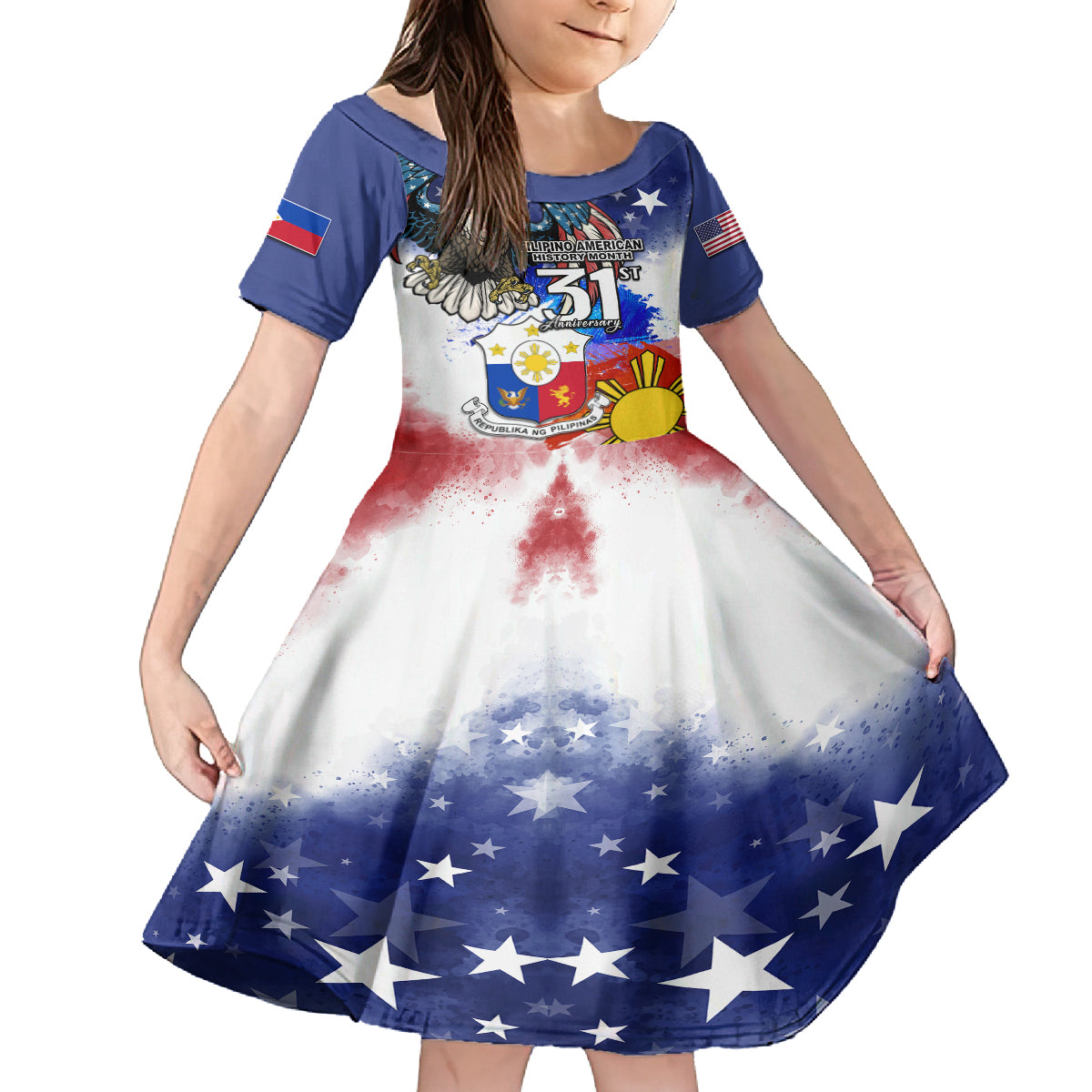 Filipino American History Month Kid Short Sleeve Dress Filipino Coat Of Arms and American Eagle Splash Style LT03 KID Blue - Polynesian Pride