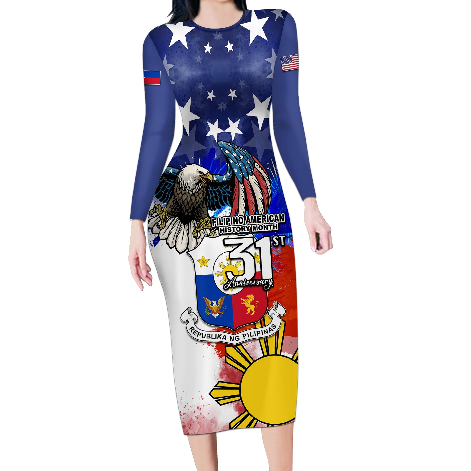 Filipino American History Month Long Sleeve Bodycon Dress Filipino Coat Of Arms and American Eagle Splash Style LT03 Long Dress Blue - Polynesian Pride