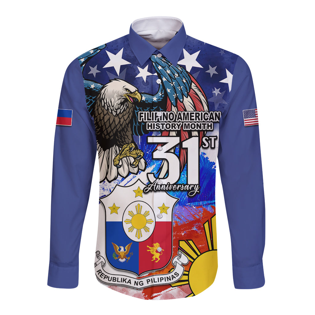 Filipino American History Month Long Sleeve Button Shirt Filipino Coat Of Arms and American Eagle Splash Style LT03 Unisex Blue - Polynesian Pride