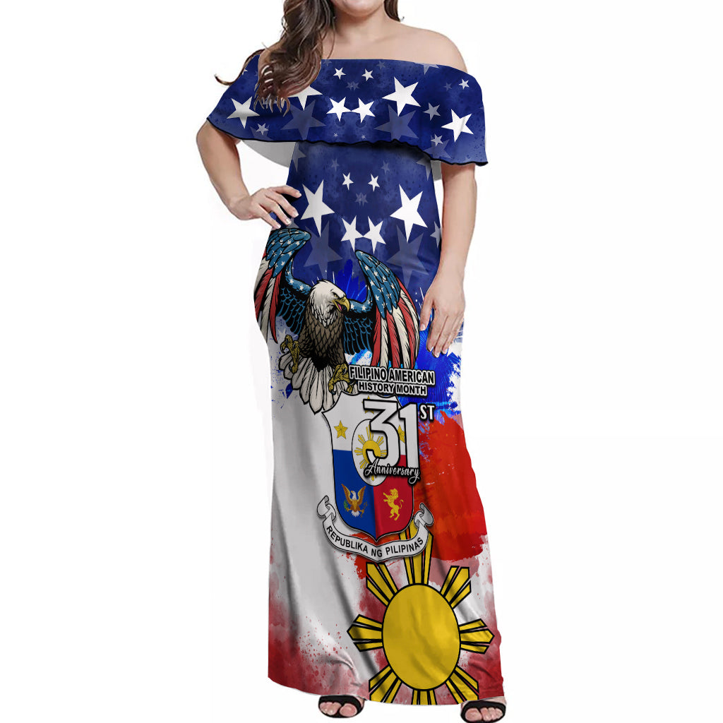 Filipino American History Month Off Shoulder Maxi Dress Filipino Coat Of Arms and American Eagle Splash Style LT03 Women Blue - Polynesian Pride