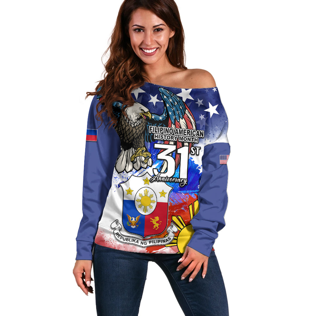 Filipino American History Month Off Shoulder Sweater Filipino Coat Of Arms and American Eagle Splash Style LT03 Women Blue - Polynesian Pride