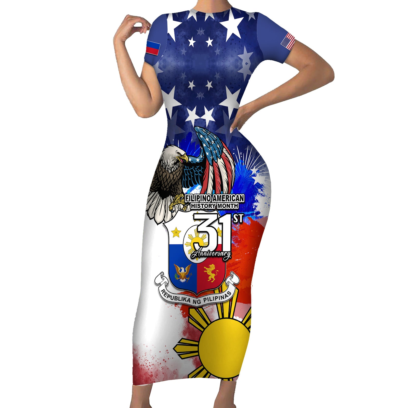 Filipino American History Month Short Sleeve Bodycon Dress Filipino Coat Of Arms and American Eagle Splash Style LT03 Long Dress Blue - Polynesian Pride