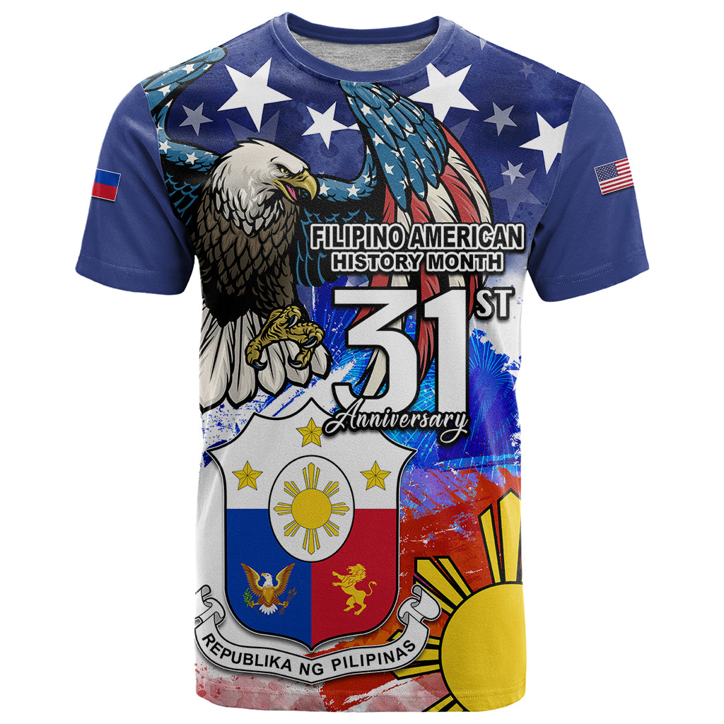 Filipino American History Month T Shirt Filipino Coat Of Arms and American Eagle Splash Style LT03 Blue - Polynesian Pride