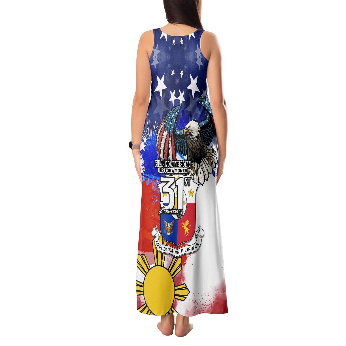 Filipino American History Month Tank Maxi Dress Filipino Coat Of Arms and American Eagle Splash Style LT03 - Polynesian Pride