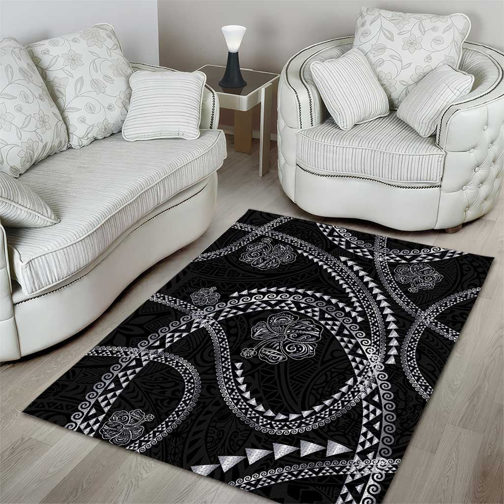 Hawaiian Kakau Art and Hisbiscus Tattoo Area Rug Tribal Pattern-Silver Style - Polynesian Pride