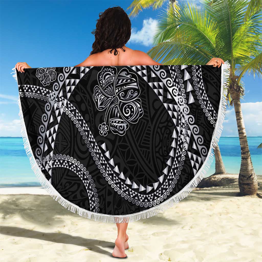Hawaiian Kakau Art and Hisbiscus Tattoo Beach Blanket Tribal Pattern-Silver Style - Polynesian Pride