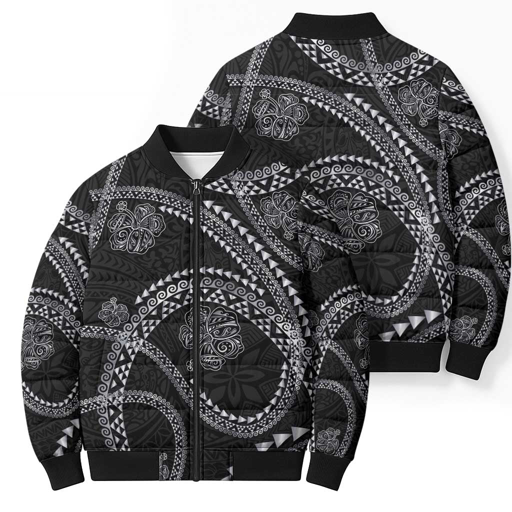 Hawaiian Kakau Art and Hisbiscus Tattoo Bomber Puffer Jacket Tribal Pattern-Silver Style - Polynesian Pride
