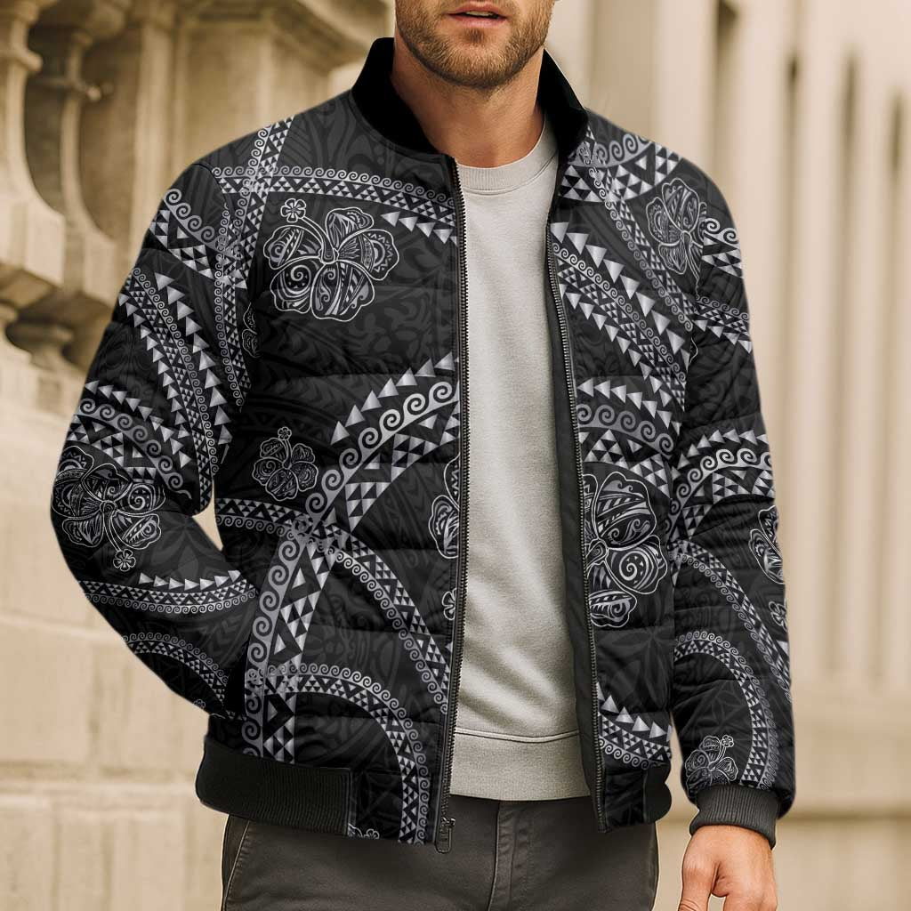 Hawaiian Kakau Art and Hisbiscus Tattoo Bomber Puffer Jacket Tribal Pattern-Silver Style - Polynesian Pride