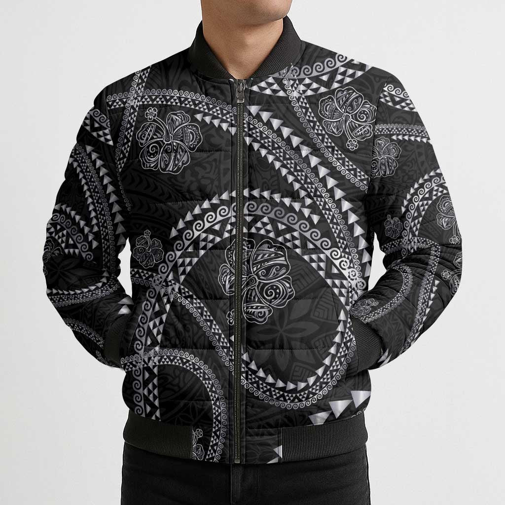Hawaiian Kakau Art and Hisbiscus Tattoo Bomber Puffer Jacket Tribal Pattern-Silver Style - Polynesian Pride