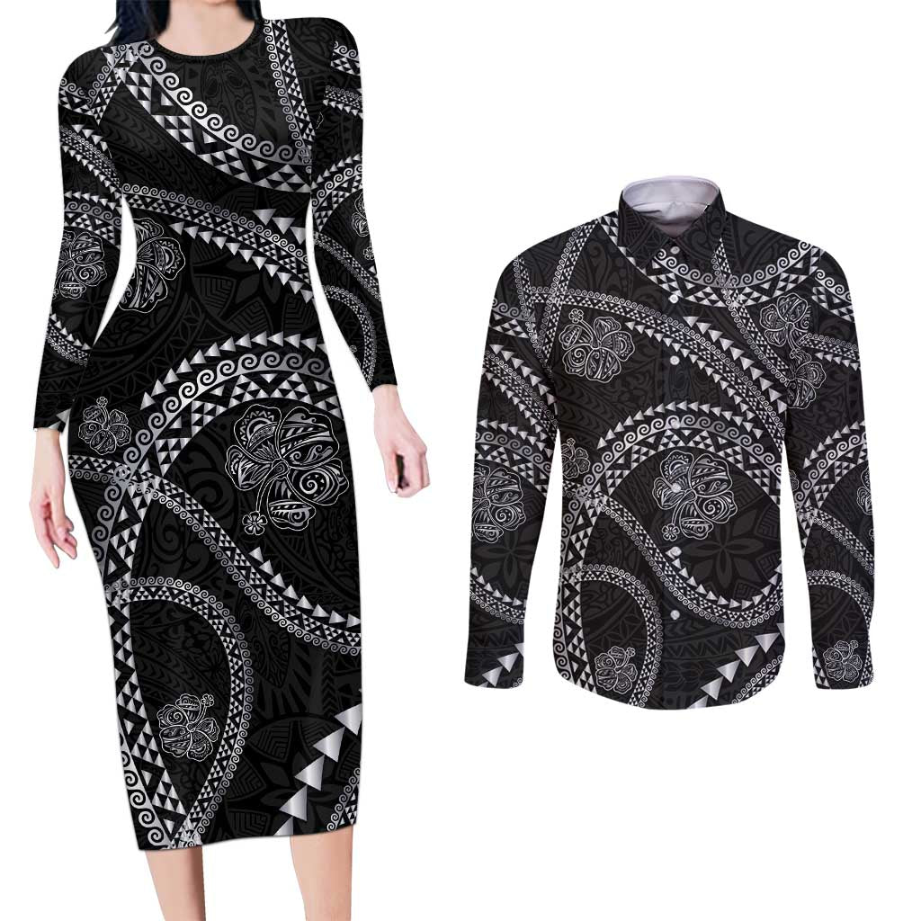 Hawaiian Kakau Art and Hisbiscus Tattoo Couples Matching Long Sleeve Bodycon Dress and Long Sleeve Button Shirt Tribal Pattern-Silver Style - Polynesian Pride
