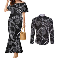 Hawaiian Kakau Art and Hisbiscus Tattoo Couples Matching Mermaid Dress and Long Sleeve Button Shirt Tribal Pattern-Silver Style - Polynesian Pride