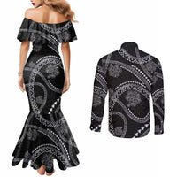 Hawaiian Kakau Art and Hisbiscus Tattoo Couples Matching Mermaid Dress and Long Sleeve Button Shirt Tribal Pattern-Silver Style - Polynesian Pride