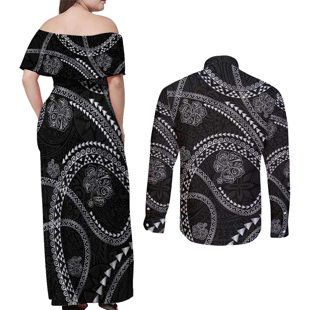 Hawaiian Kakau Art and Hisbiscus Tattoo Couples Matching Off Shoulder Maxi Dress and Long Sleeve Button Shirt Tribal Pattern-Silver Style - Polynesian Pride