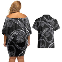 Hawaiian Kakau Art and Hisbiscus Tattoo Couples Matching Off Shoulder Short Dress and Hawaiian Shirt Tribal Pattern-Silver Style - Polynesian Pride