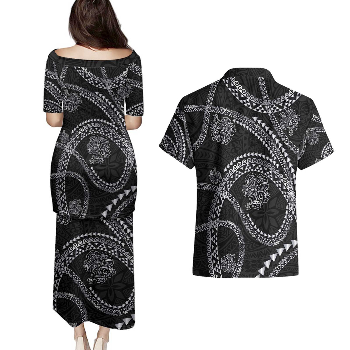Hawaiian Kakau Art and Hisbiscus Tattoo Couples Matching Puletasi and Hawaiian Shirt Tribal Pattern-Silver Style - Polynesian Pride