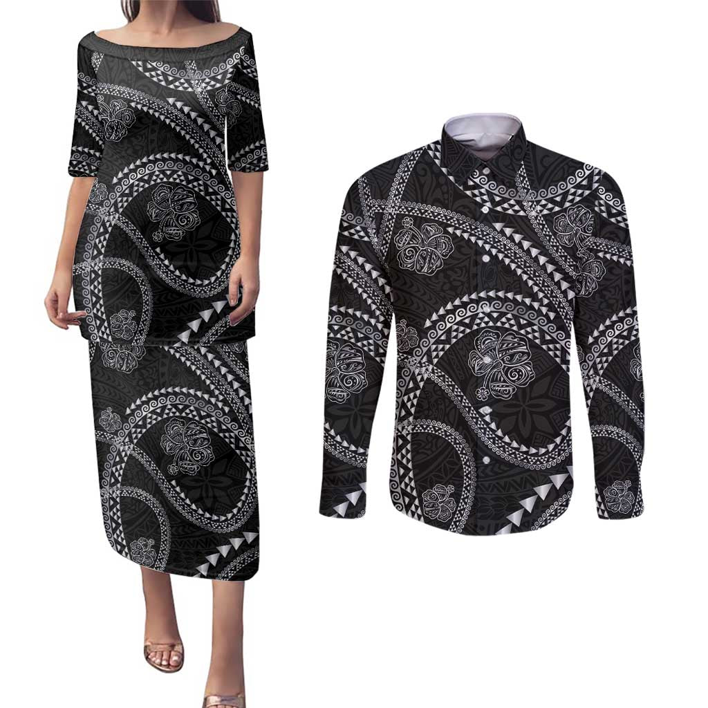 Hawaiian Kakau Art and Hisbiscus Tattoo Couples Matching Puletasi and Long Sleeve Button Shirt Tribal Pattern-Silver Style - Polynesian Pride