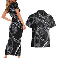 Hawaiian Kakau Art and Hisbiscus Tattoo Couples Matching Short Sleeve Bodycon Dress and Hawaiian Shirt Tribal Pattern-Silver Style - Polynesian Pride