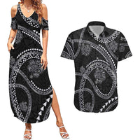 Hawaiian Kakau Art and Hisbiscus Tattoo Couples Matching Summer Maxi Dress and Hawaiian Shirt Tribal Pattern-Silver Style - Polynesian Pride