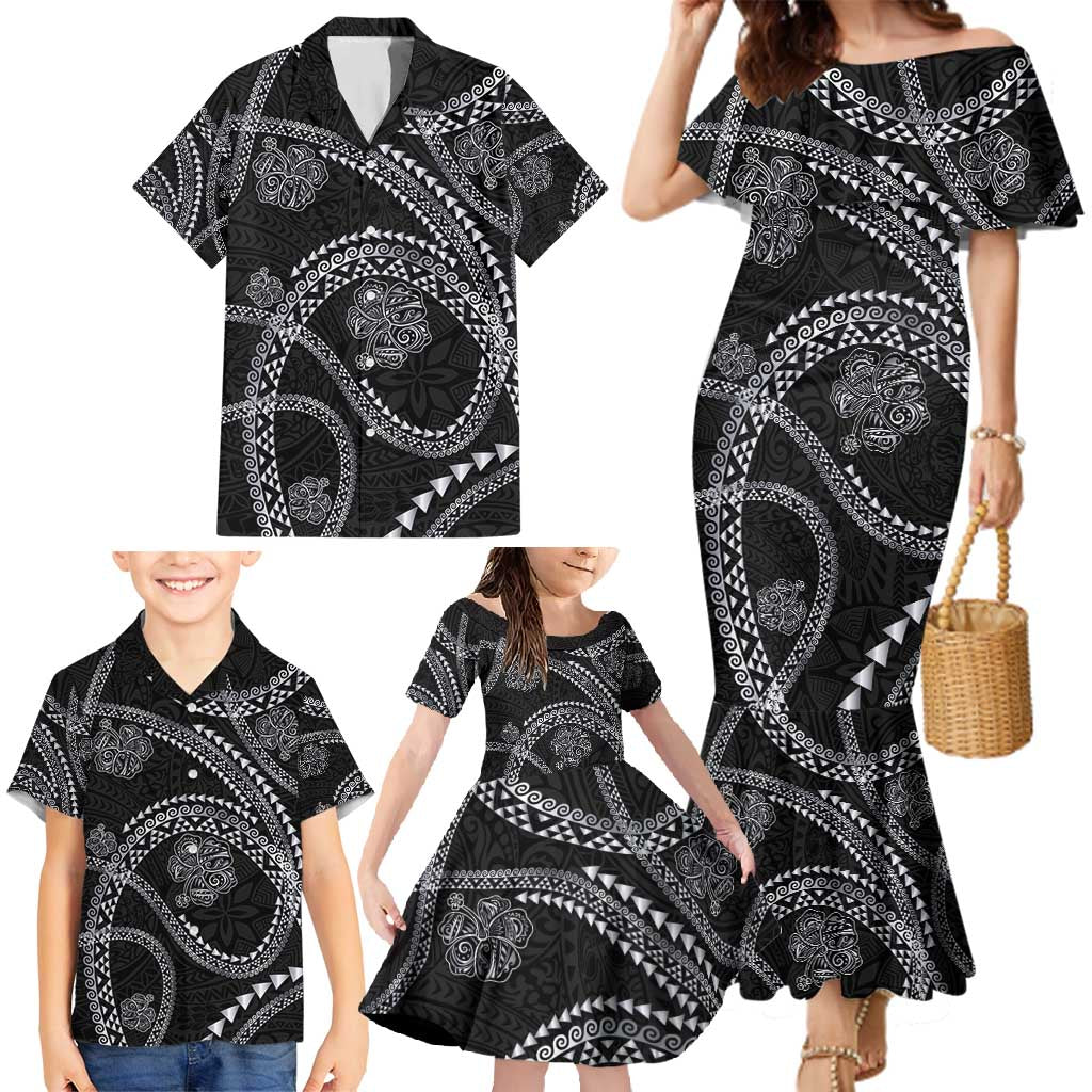 Hawaiian Kakau Art and Hisbiscus Tattoo Family Matching Mermaid Dress and Hawaiian Shirt Tribal Pattern-Silver Style - Polynesian Pride