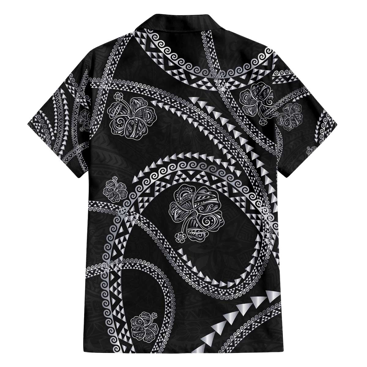 Hawaiian Kakau Art and Hisbiscus Tattoo Family Matching Off The Shoulder Long Sleeve Dress and Hawaiian Shirt Tribal Pattern-Silver Style - Polynesian Pride