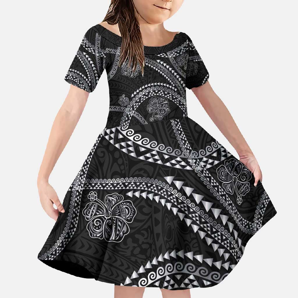 Hawaiian Kakau Art and Hisbiscus Tattoo Family Matching Off Shoulder Maxi Dress and Hawaiian Shirt Tribal Pattern-Silver Style - Polynesian Pride