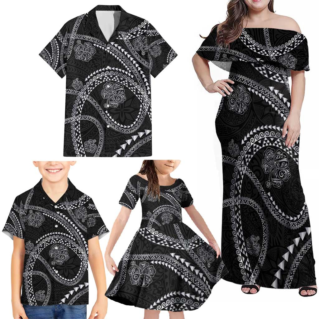 Hawaiian Kakau Art and Hisbiscus Tattoo Family Matching Off Shoulder Maxi Dress and Hawaiian Shirt Tribal Pattern-Silver Style - Polynesian Pride