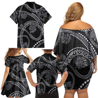 Hawaiian Kakau Art and Hisbiscus Tattoo Family Matching Off Shoulder Short Dress and Hawaiian Shirt Tribal Pattern-Silver Style - Polynesian Pride