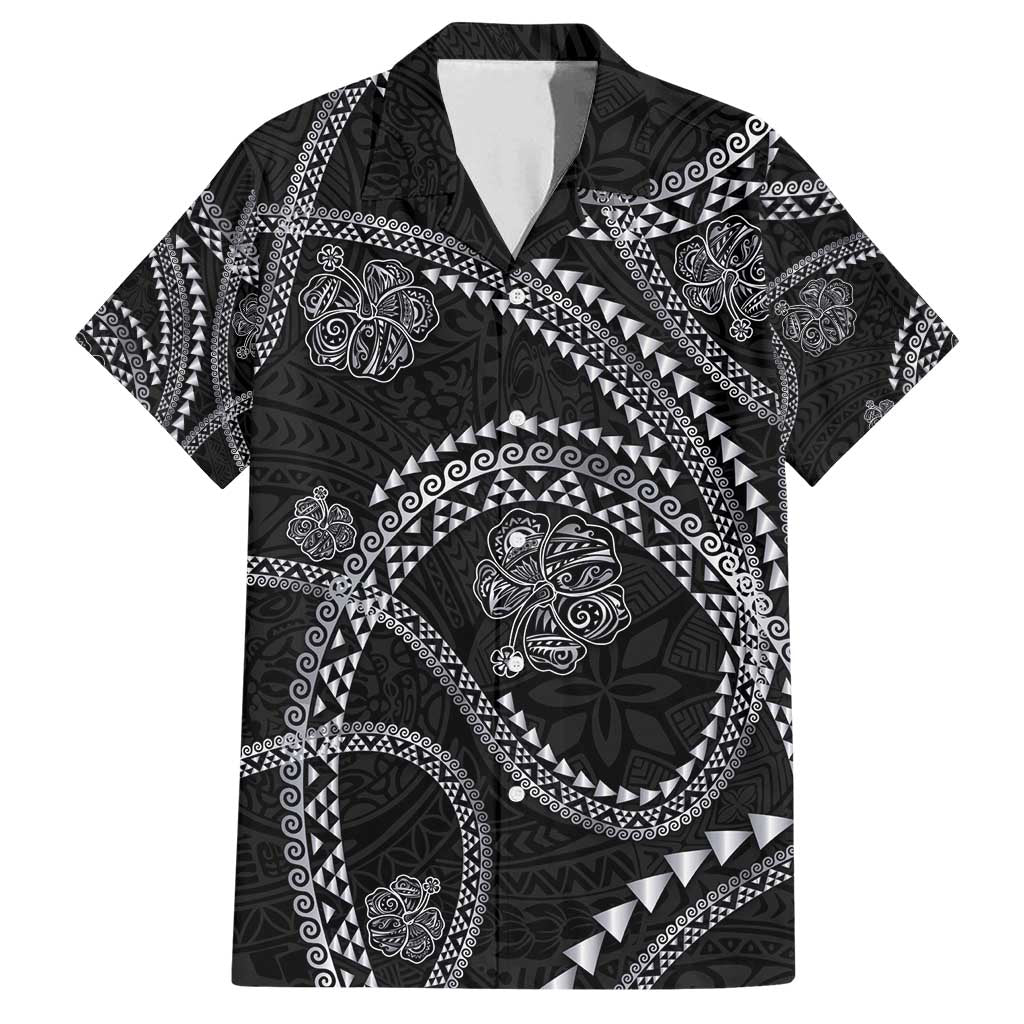 Hawaiian Kakau Art and Hisbiscus Tattoo Family Matching Off Shoulder Short Dress and Hawaiian Shirt Tribal Pattern-Silver Style - Polynesian Pride