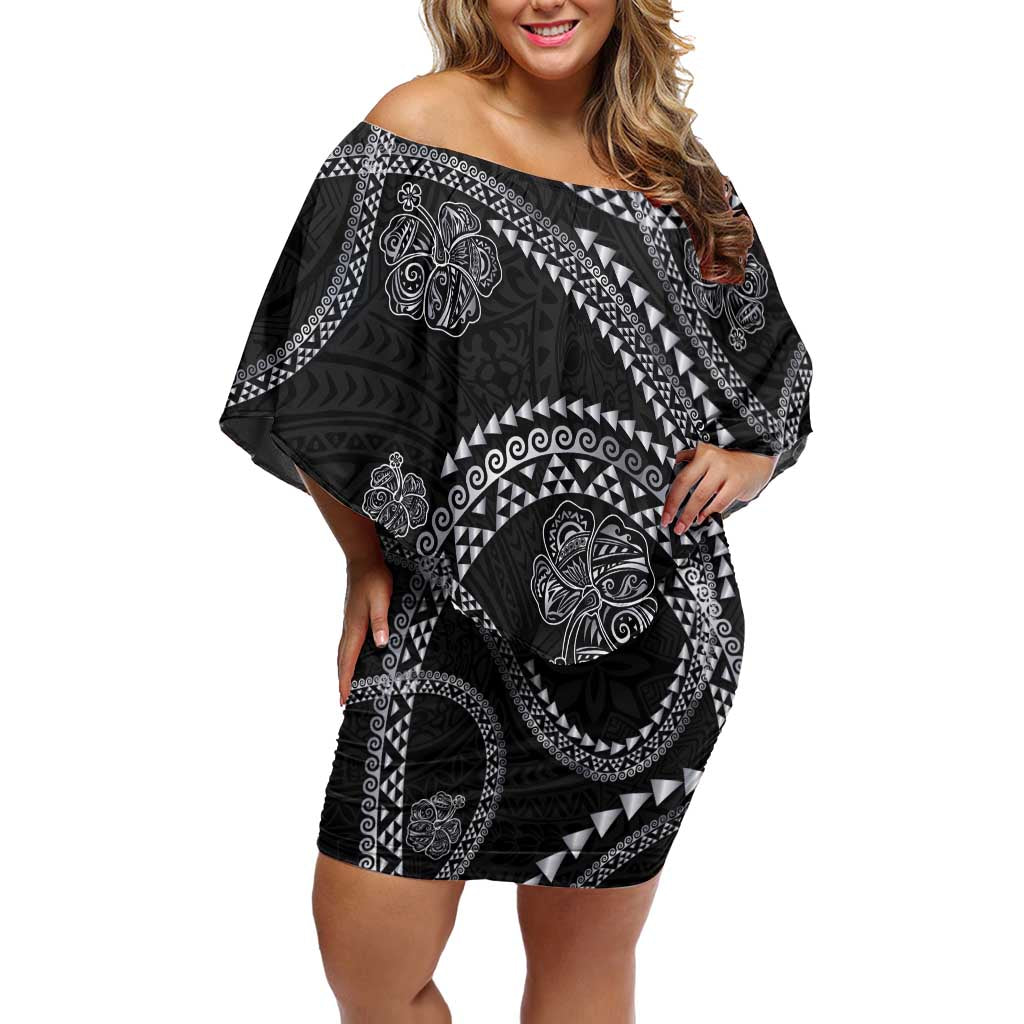 Hawaiian Kakau Art and Hisbiscus Tattoo Family Matching Off Shoulder Short Dress and Hawaiian Shirt Tribal Pattern-Silver Style - Polynesian Pride