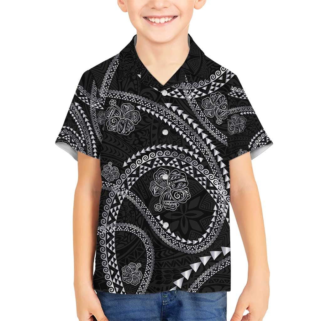 Hawaiian Kakau Art and Hisbiscus Tattoo Family Matching Off Shoulder Short Dress and Hawaiian Shirt Tribal Pattern-Silver Style - Polynesian Pride