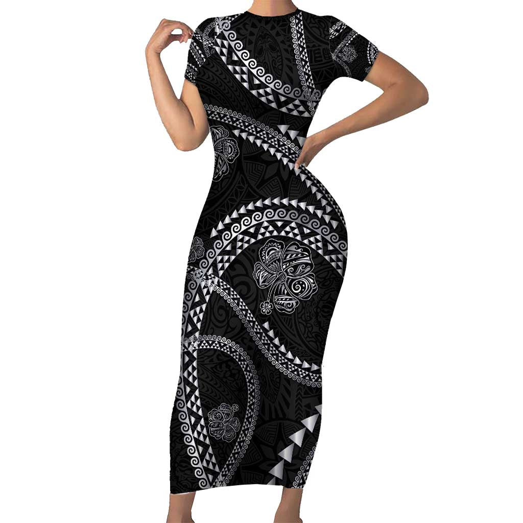Hawaiian Kakau Art and Hisbiscus Tattoo Family Matching Short Sleeve Bodycon Dress and Hawaiian Shirt Tribal Pattern-Silver Style - Polynesian Pride
