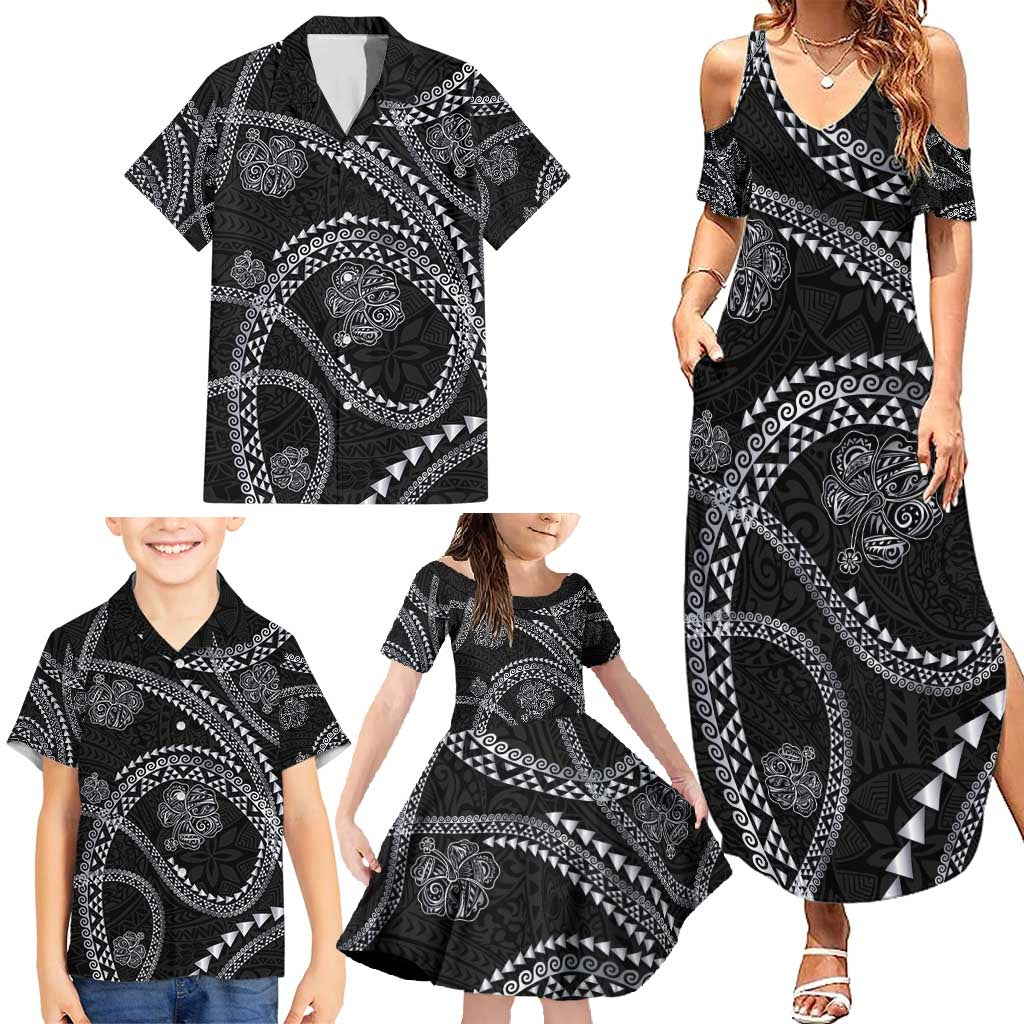 Hawaiian Kakau Art and Hisbiscus Tattoo Family Matching Summer Maxi Dress and Hawaiian Shirt Tribal Pattern-Silver Style - Polynesian Pride