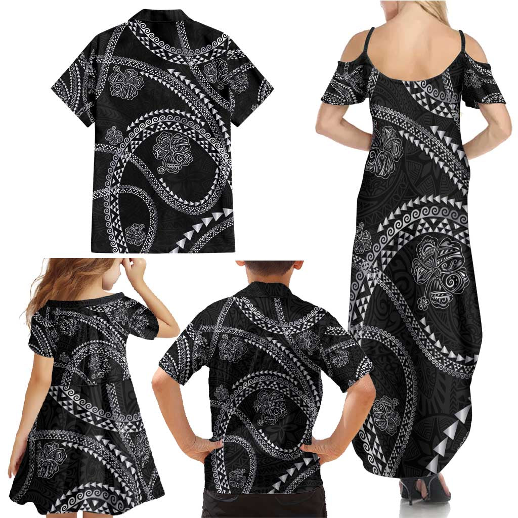 Hawaiian Kakau Art and Hisbiscus Tattoo Family Matching Summer Maxi Dress and Hawaiian Shirt Tribal Pattern-Silver Style - Polynesian Pride