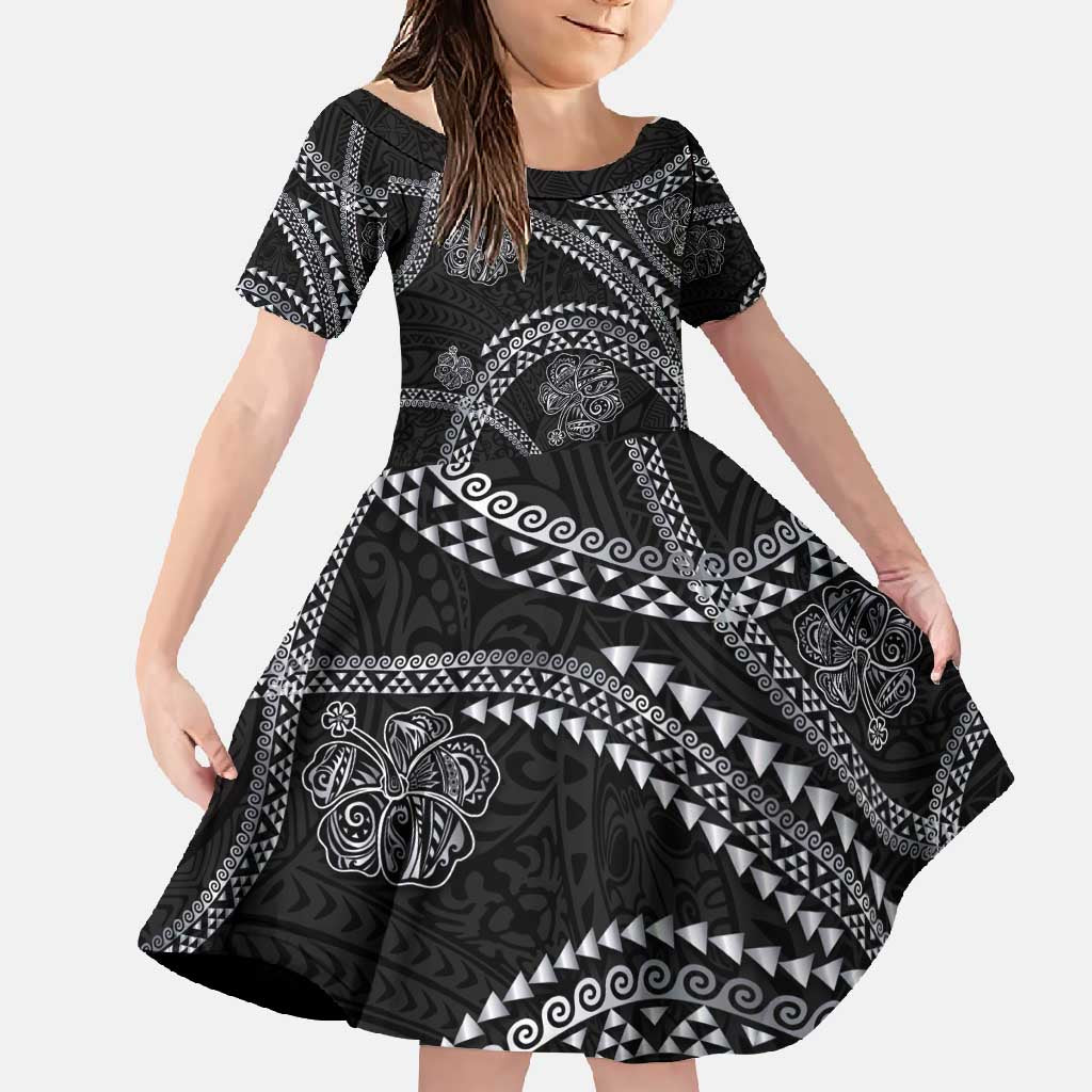 Hawaiian Kakau Art and Hisbiscus Tattoo Family Matching Tank Maxi Dress and Hawaiian Shirt Tribal Pattern-Silver Style - Polynesian Pride