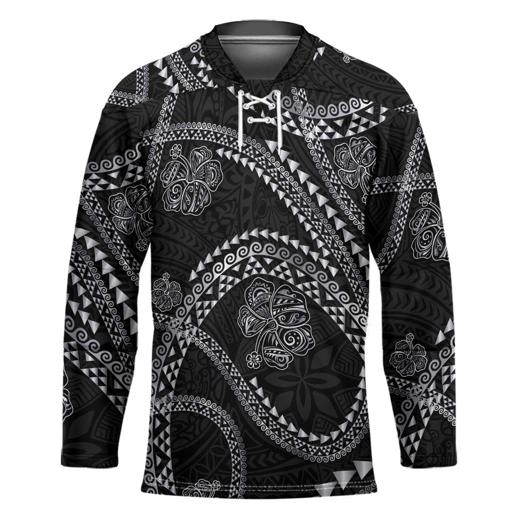 Hawaiian Kakau Art and Hisbiscus Tattoo Hockey Jersey Tribal Pattern-Silver Style - Polynesian Pride