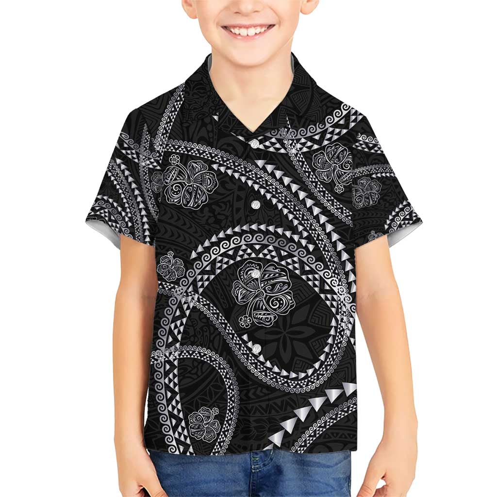 Hawaiian Kakau Art and Hisbiscus Tattoo Kid Hawaiian Shirt Tribal Pattern-Silver Style - Polynesian Pride