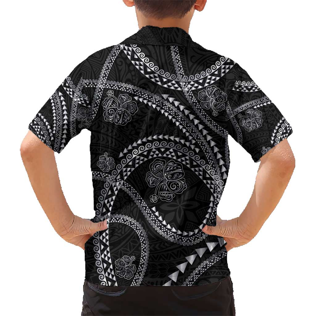 Hawaiian Kakau Art and Hisbiscus Tattoo Kid Hawaiian Shirt Tribal Pattern-Silver Style - Polynesian Pride