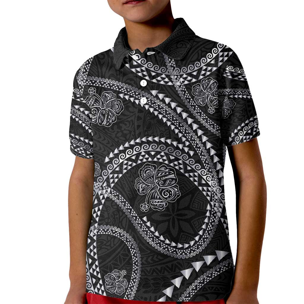 Hawaiian Kakau Art and Hisbiscus Tattoo Kid Polo Shirt Tribal Pattern-Silver Style - Polynesian Pride
