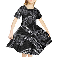 Hawaiian Kakau Art and Hisbiscus Tattoo Kid Short Sleeve Dress Tribal Pattern-Silver Style - Polynesian Pride