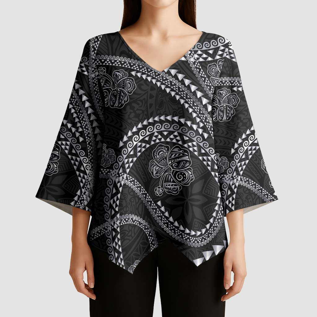 Hawaiian Kakau Art and Hisbiscus Tattoo Kimono Sleeve Blouse Tribal Pattern-Silver Style - Polynesian Pride