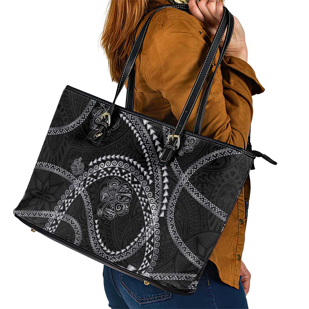 Hawaiian Kakau Art and Hisbiscus Tattoo Leather Tote Bag Tribal Pattern-Silver Style - Polynesian Pride