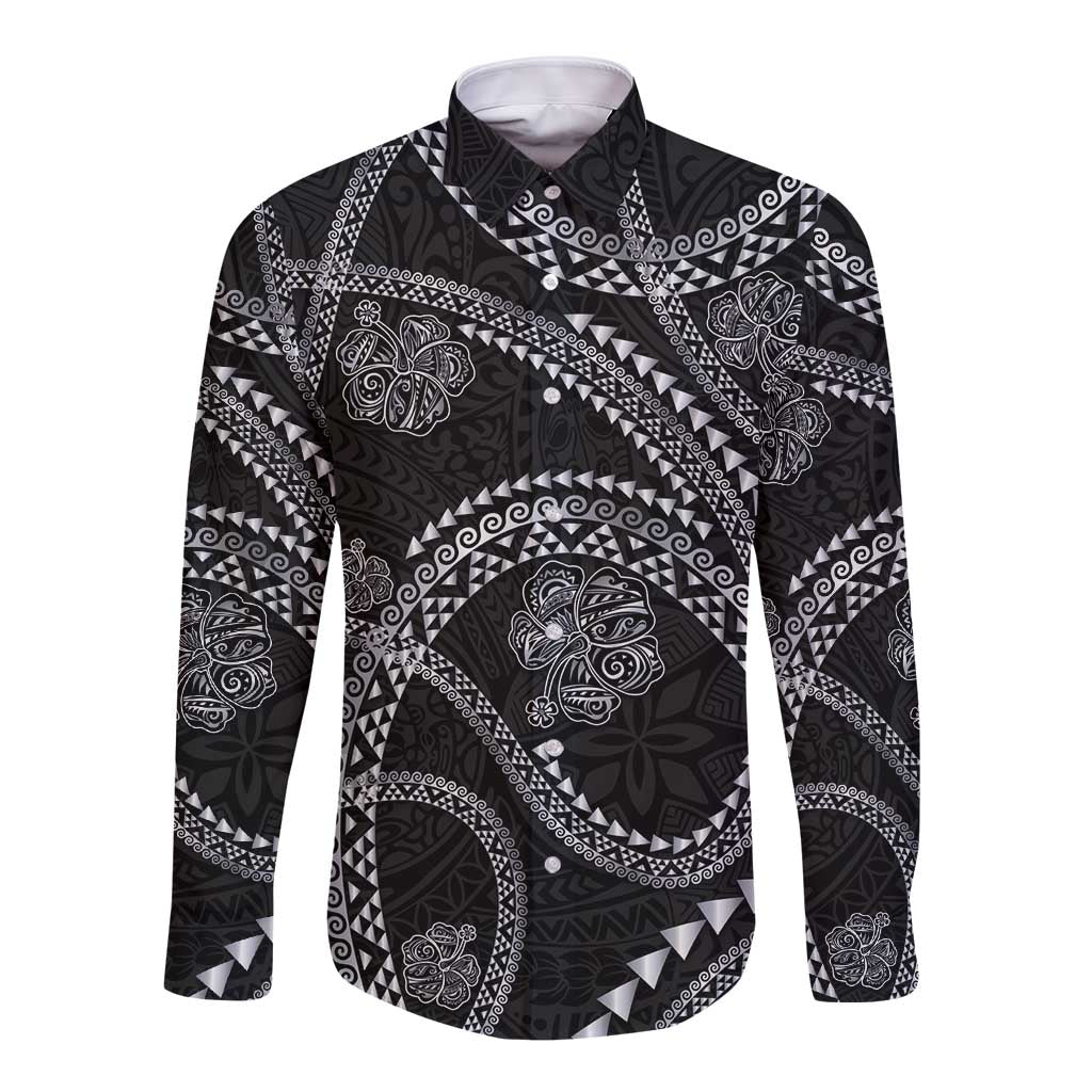 Hawaiian Kakau Art and Hisbiscus Tattoo Long Sleeve Button Shirt Tribal Pattern-Silver Style - Polynesian Pride