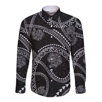 Hawaiian Kakau Art and Hisbiscus Tattoo Long Sleeve Button Shirt Tribal Pattern-Silver Style - Polynesian Pride