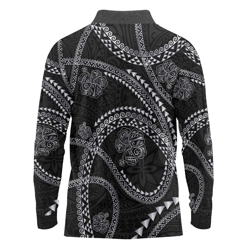 Hawaiian Kakau Art and Hisbiscus Tattoo Long Sleeve Polo Shirt Tribal Pattern-Silver Style - Polynesian Pride