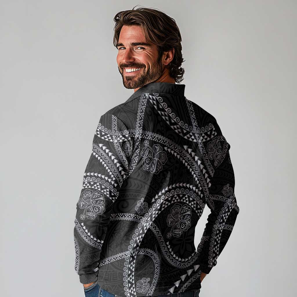 Hawaiian Kakau Art and Hisbiscus Tattoo Long Sleeve Polo Shirt Tribal Pattern-Silver Style - Polynesian Pride