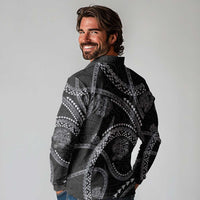 Hawaiian Kakau Art and Hisbiscus Tattoo Long Sleeve Polo Shirt Tribal Pattern-Silver Style - Polynesian Pride