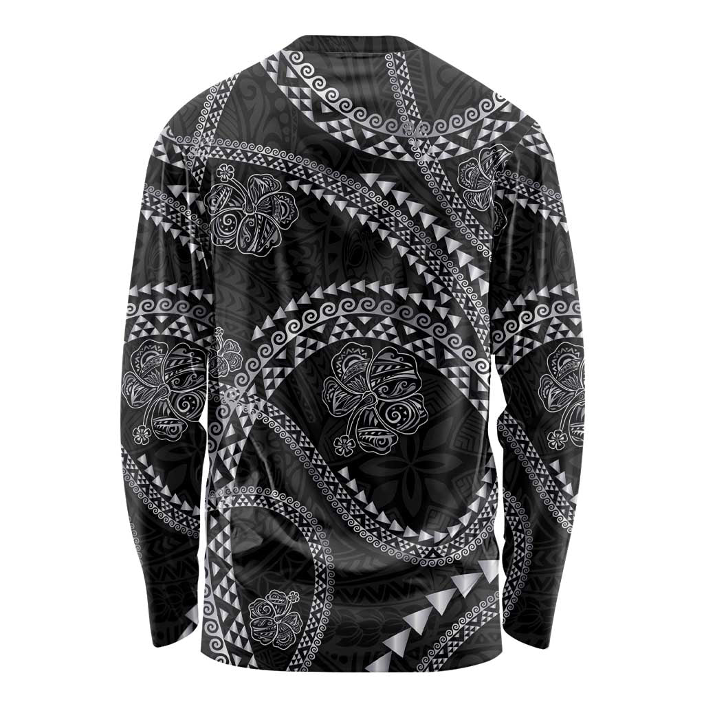 Hawaiian Kakau Art and Hisbiscus Tattoo Long Sleeve Shirt Tribal Pattern-Silver Style - Polynesian Pride