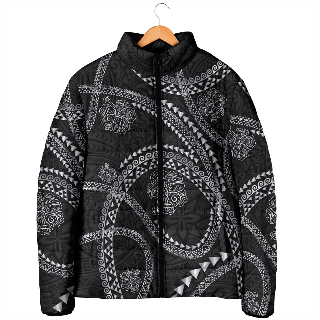 Hawaiian Kakau Art and Hisbiscus Tattoo Padded Jacket Tribal Pattern-Silver Style - Polynesian Pride