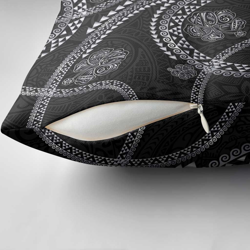 Hawaiian Kakau Art and Hisbiscus Tattoo Pillow Cover Tribal Pattern-Silver Style - Polynesian Pride